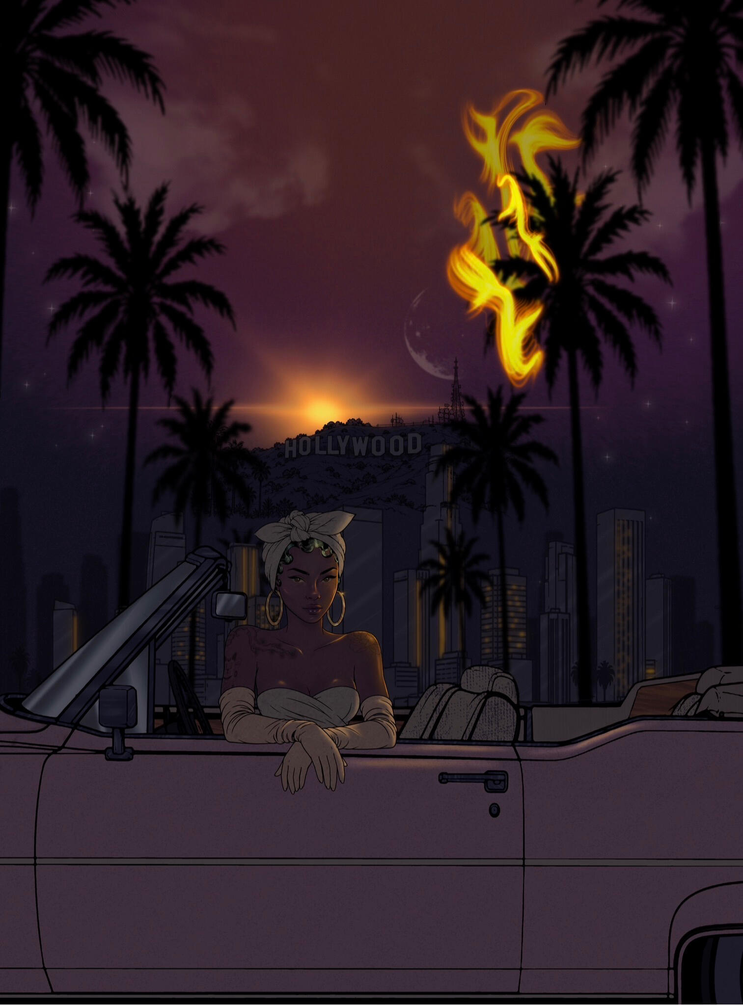 Meet Me in Hollywood Meet Me in Hollywood — cinematic Los Angeles illustration by Lehbie Rae featuring a Black woman in a vintage convertible Cadillac at night, with palm trees and the Hollywood Sign.